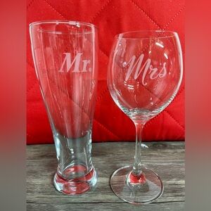 Etched Mr. & Mrs. Wine/Beer Glass Set-Wedding Newlywed Gift for wine/beer lover